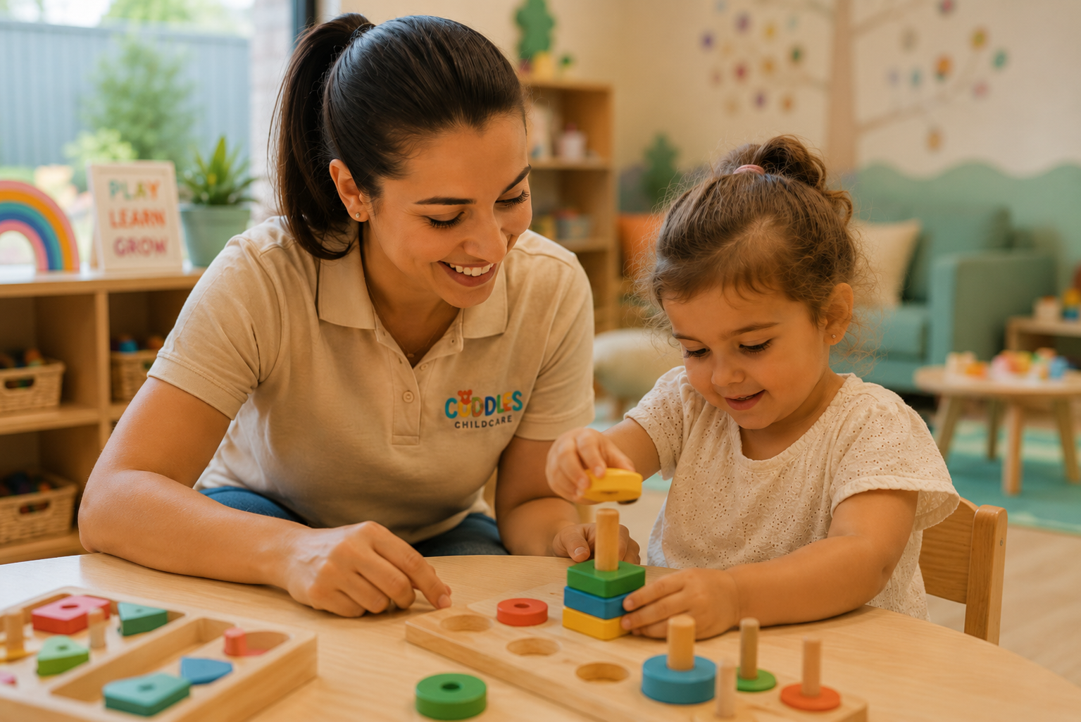 A Cuddles educator playing with a child at a wooden activity table