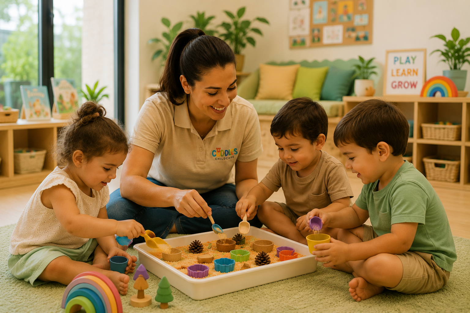 A Cuddles educator playing with children at a sensory activity table