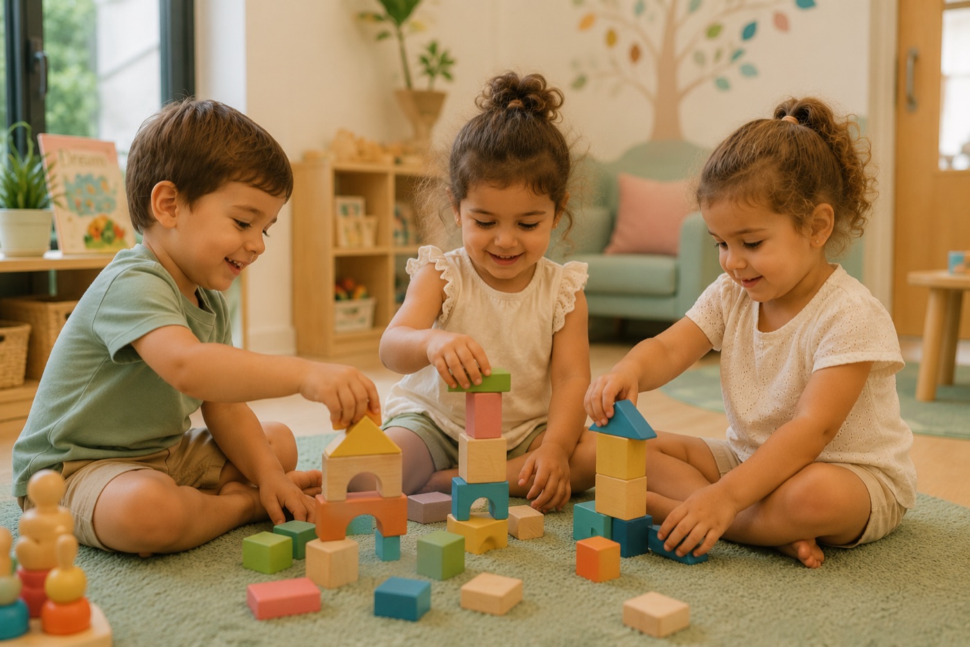 Children playing with wooden blocks in a warm Cuddles classroom