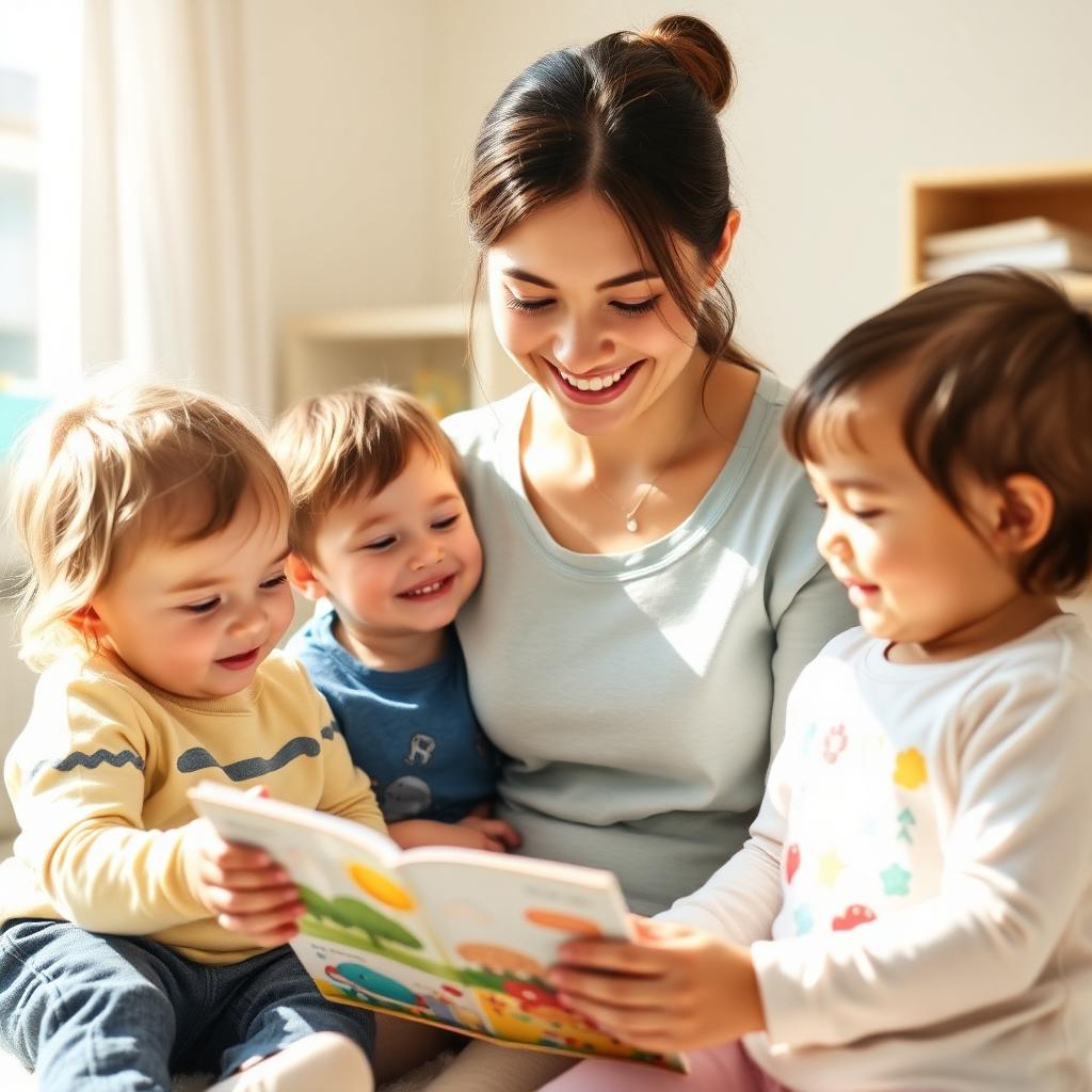 Cuddles educator reading a picture book with two smiling toddlers