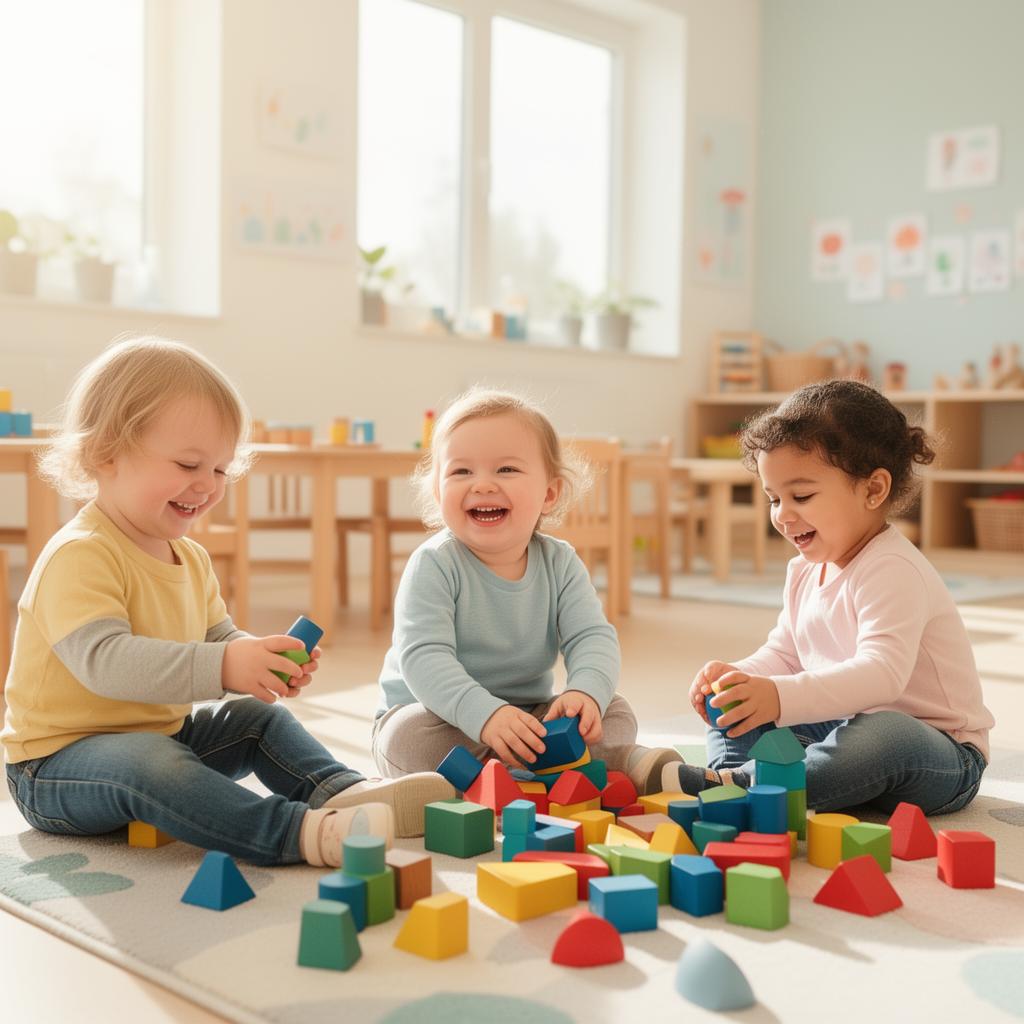 Happy toddlers playing with colourful wooden blocks in a bright Cuddles classroom
