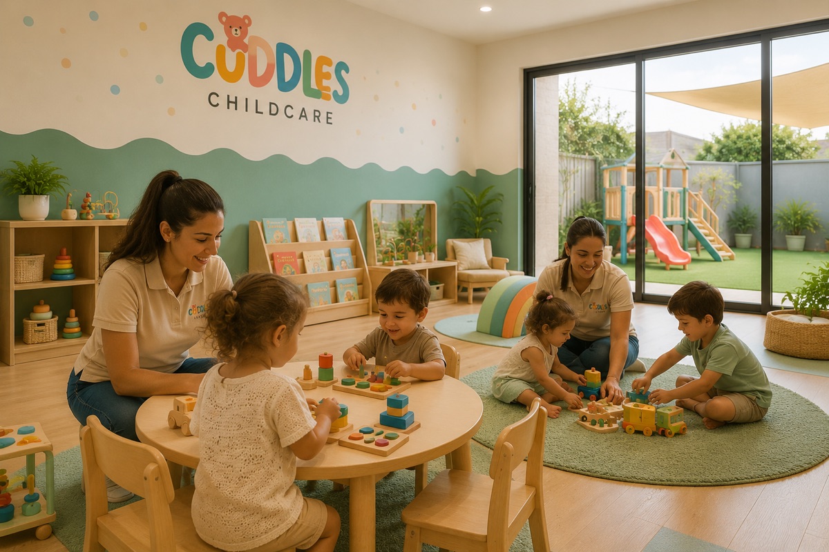 Cuddles classroom with children playing at activity tables