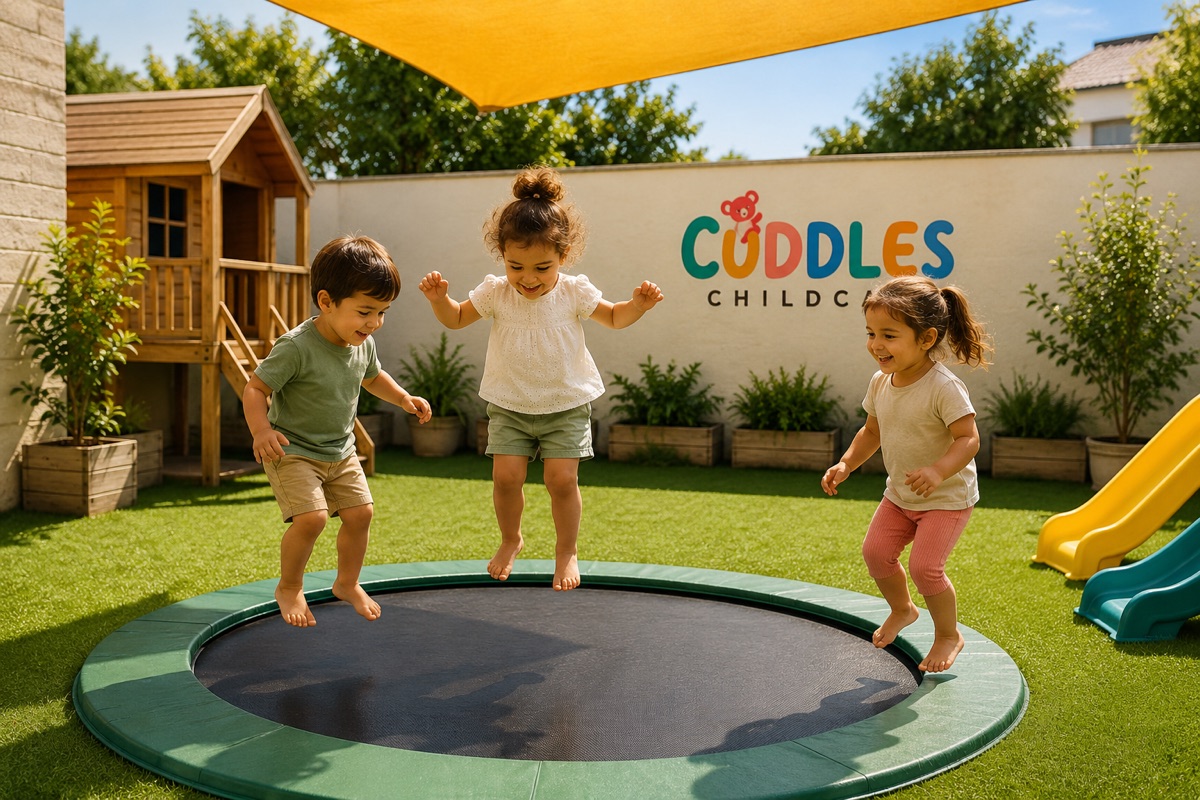 Children enjoying outdoor play on a trampoline at Cuddles