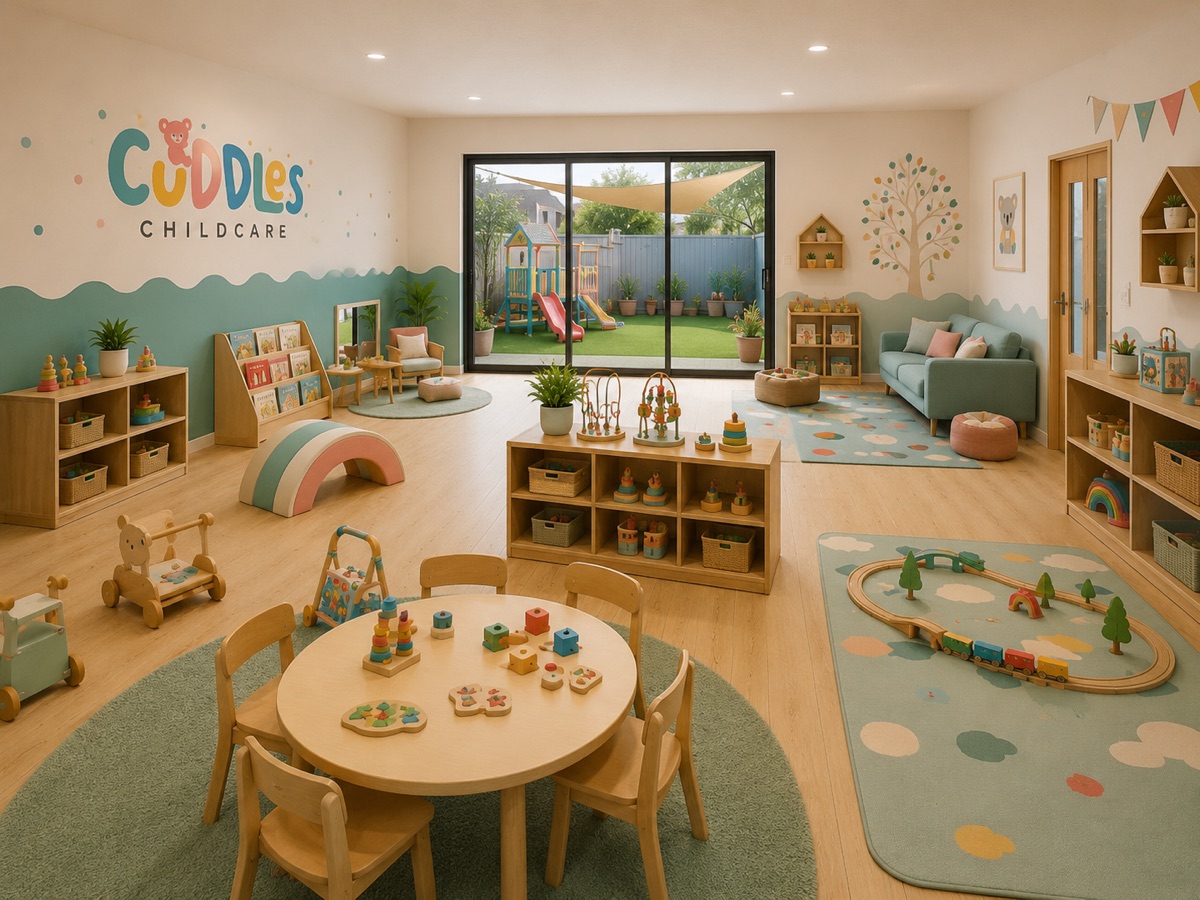 Large Cuddles playroom with books, toys and outdoor garden view