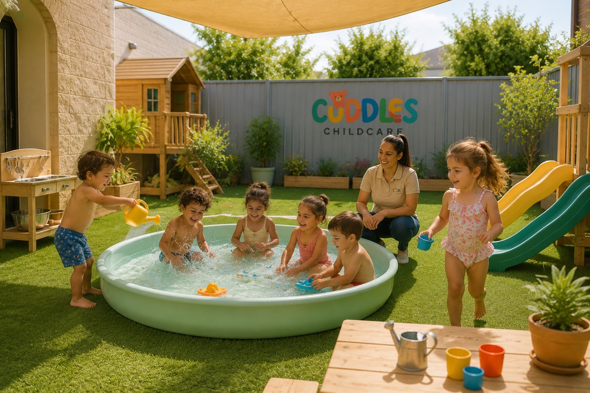 Children enjoying supervised water play in the Cuddles garden
